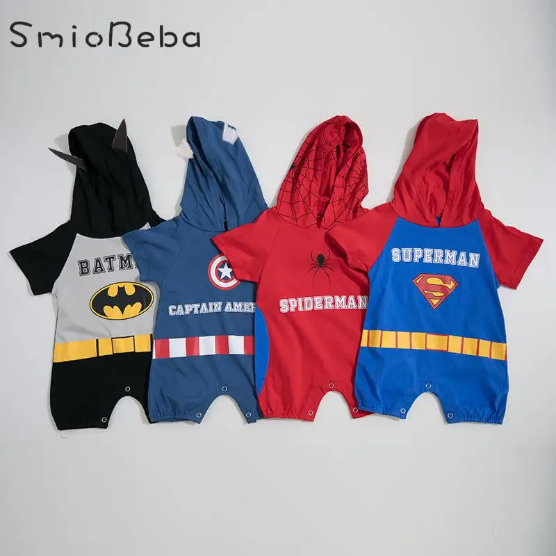 

Summer Baby Boy Hero Rompers SuperMan Short Sleeved Khaki Pure Cotton Conjoined Climbing Suit 2019 Cosplay Newborn Baby Clothes