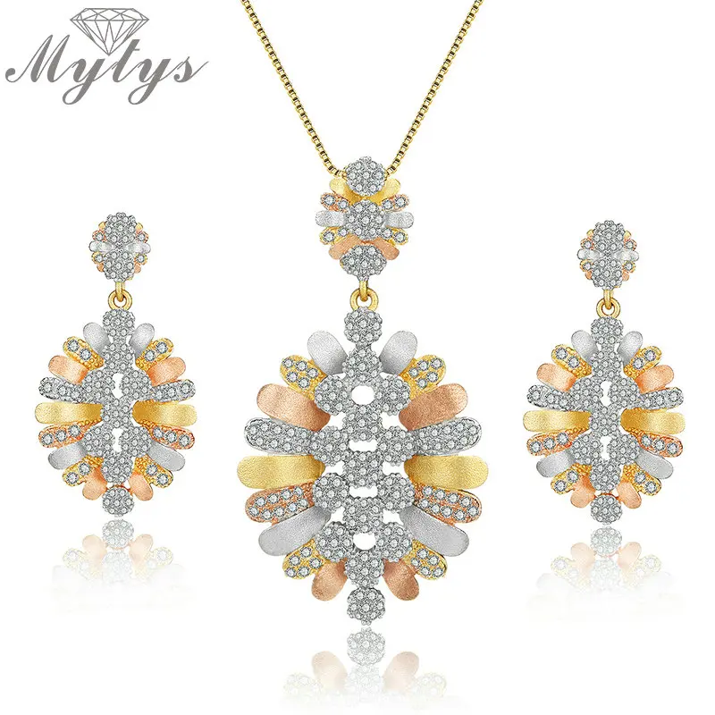 

Mytys Fashion Three Gold Flower Boom Women Wedding Bride Cubic Zirconia Necklace Earring Dubai Jewelry Set Jewellery Addiction