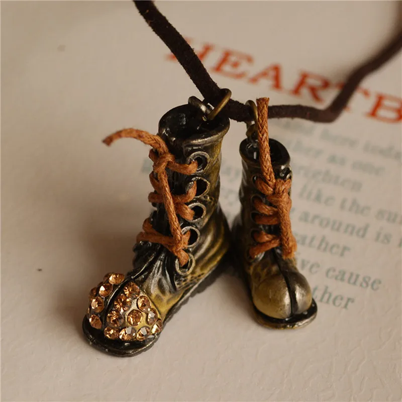 

8SEASONS Fashion Jewelry Metal Boots Shoes Pendants Created Gem Stone Vintage Leather Rope Necklace, 1 Piece