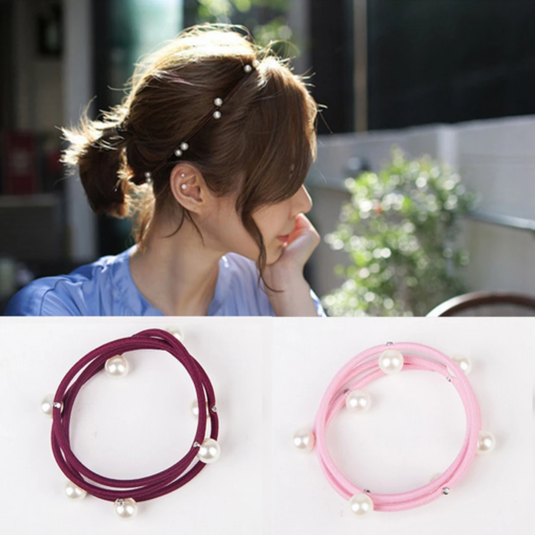 

5PCS/Lot Simple Elegant Pearls Women Hair Bands Ornament Elastic Rubber Bands Hair Ropes Ponytail Holder Hair Accessories