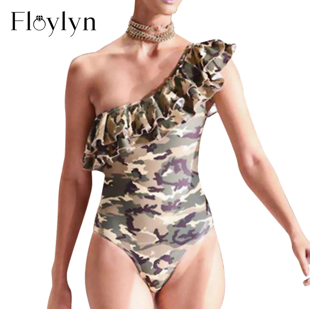 Floylyn One Shoulder женский купальник камуфляж Цельный купальник винтажные купальные костюмы Пляжная одежда монокини с рюшами
