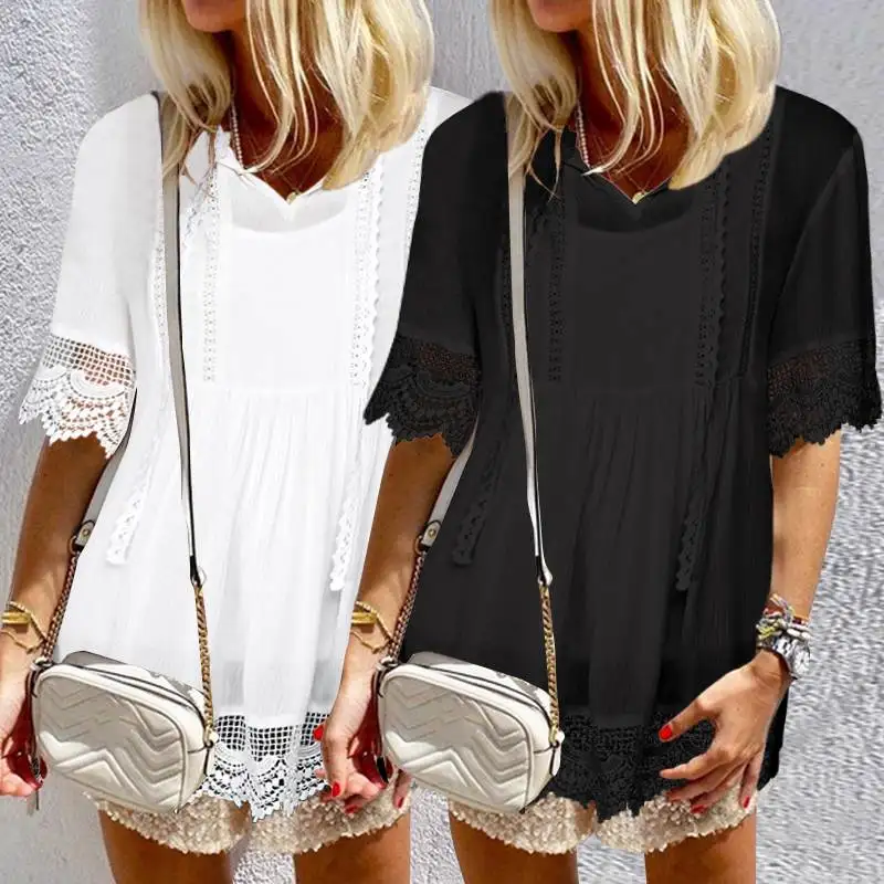  Women Tunic Tops Celmia 2019 Summer Sexy V-neck Short Sleeve Blouses Casual Loose Lace Stitching Sh