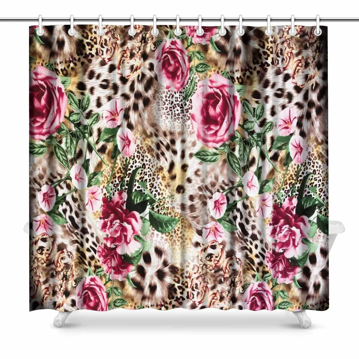 Striped Leopard and Flower Prints Polyester Fabric Waterproof Shower
