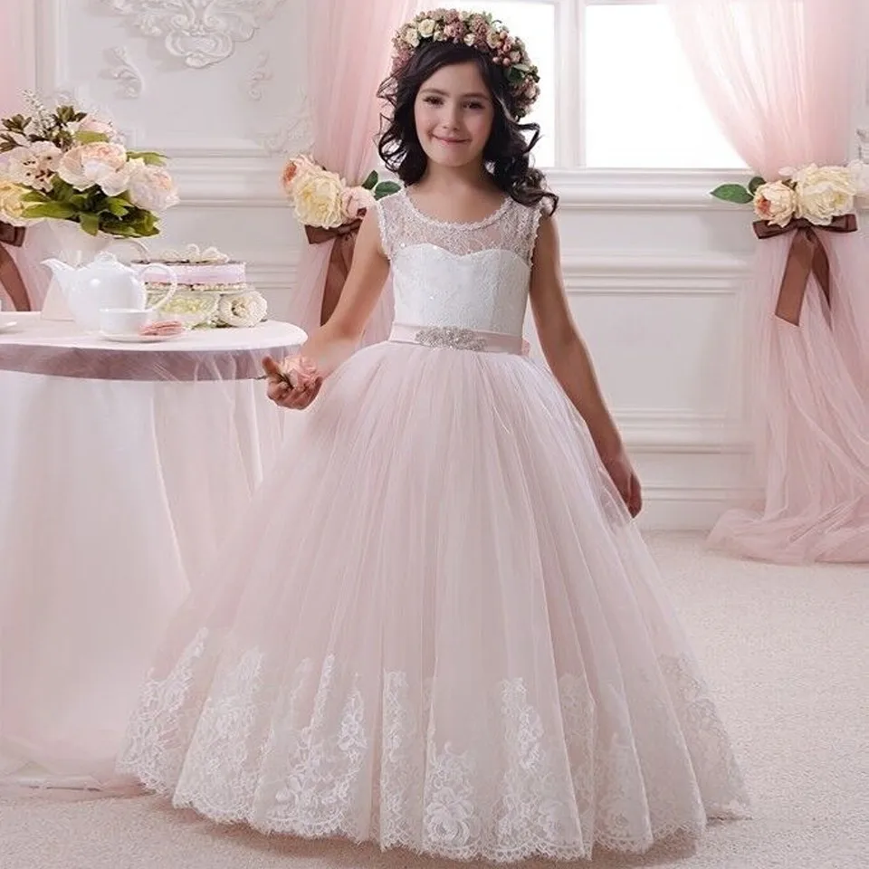 

New 2018 Pink Lace Flower Girls Dresses For Weddings Ball Gown with Sash Formal Girls Communion Gowns