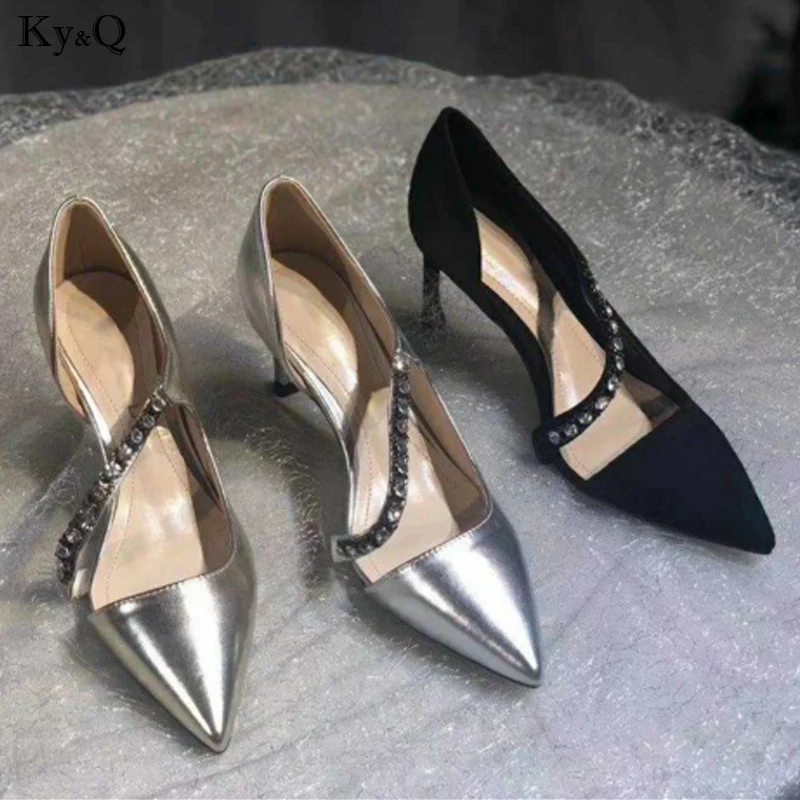 

2019 Summer New Ladies Fashion Trend Pointed Rhinestones With Comfortable Shallow Mouth Casual Versatile High Heels 5-8cm