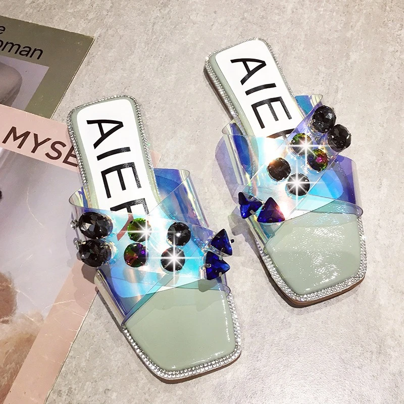 

2019 Trendy Laser transparent vamp Sparkling Diamond women slippers summer fashion ladies flip flops Home Slides Flat non-slip