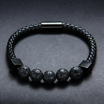 

HMSFELY Black Volcanic Stone Beaded Men Genuine Leather Bracelet Braided Rope Stainless Steel Magnetic Bracelets Bangles For Men