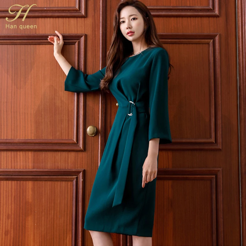 H Han queen однотонное элегантное винтажное зеленое облегающее платье для женщин зимнее Бандажное приталенное платье-карандаш Одежда для работы Vestidos
