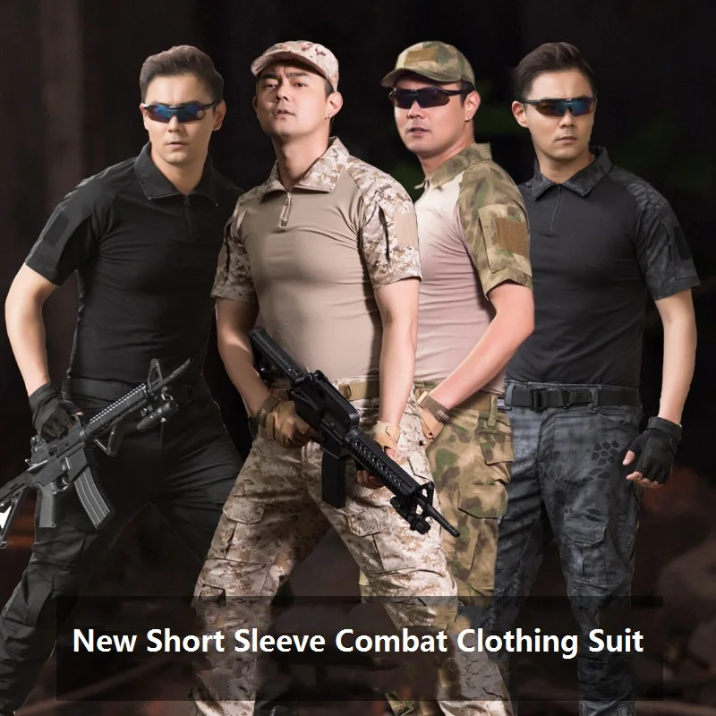 

Men Military Uniform Short Sleeve US Army Frog Combat Tees Shirt Summer Multicam Military Shirts Polo +Cargo Pants Suit