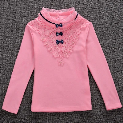 Осень-зима, детская одежда детская рубашка с высоким воротником модная теплая футболка с длинными рукавами белого и розового цвета кружевные топы для девочек-студенток