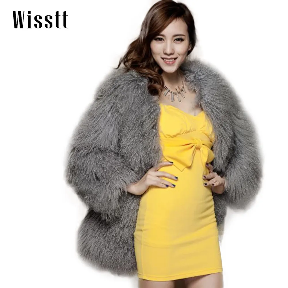 Wisstt  Fur Coat Real Mongolian Lamb Fur Long Sleeve Waistcoat Jacket Outwear