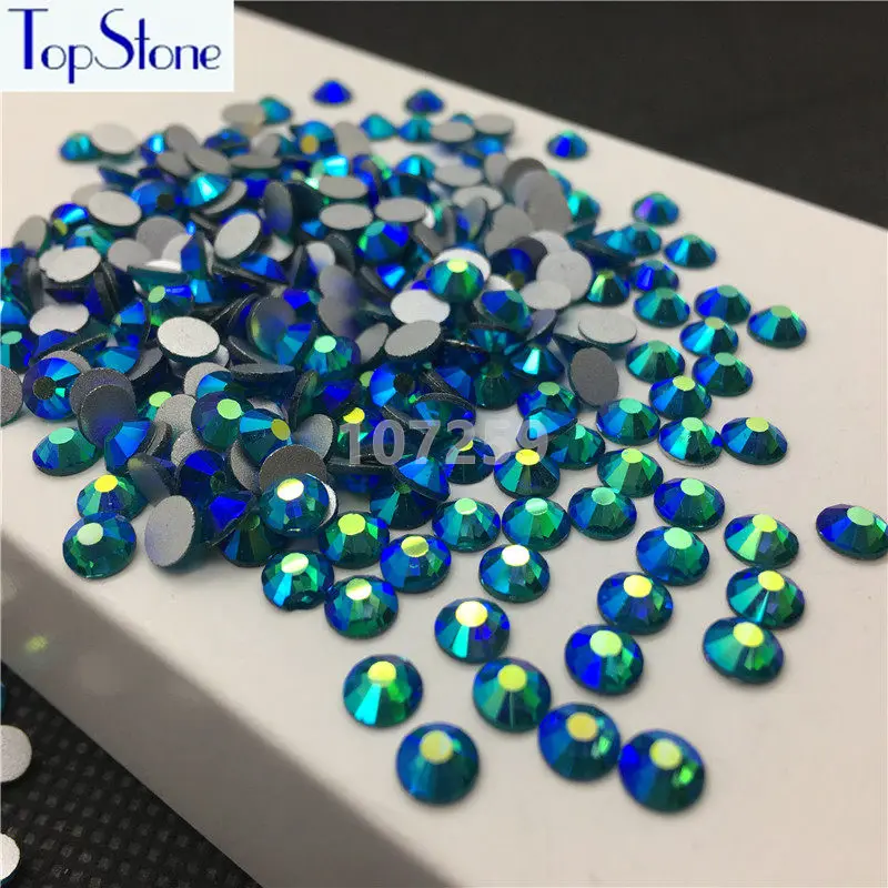 

TopStone Blue Zircon AB Color ss3-ss30 Round Glass Crystal Flatbacks Nail Art 3D Stones Glue On Non Hotfix Rhinestones