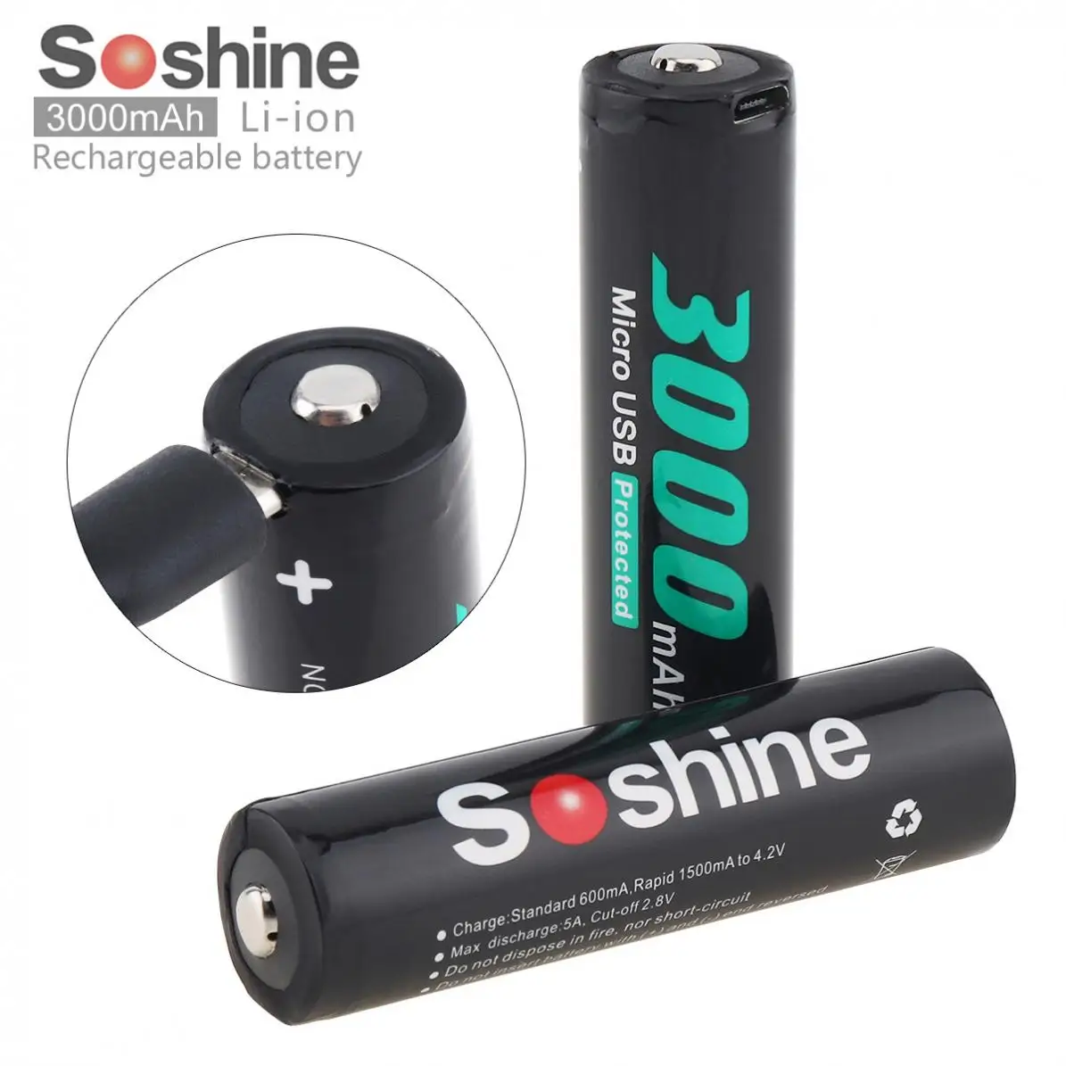 2 шт. аккумуляторная батарея Soshine NCR18650 Li Ion 3 7 В 3000 мАч с защитой от Micro USB и зарядкой