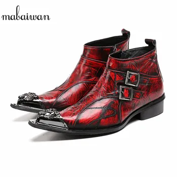 

Mabaiwan 2018 Fashion Genuine Leather Men Shoes Ankle Boots Slipper Metal Pointed Toe Shoes Men's Buckle Military Cowboy Boots