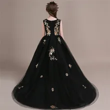 Детское роскошное вечернее платье черного цвета для девочек, платье для выпускного вечера с цветами и длинным шлейфом, детское платье для дня рождения, платье для игры на фортепиано