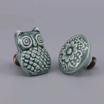 

6x Dark Green Owl Ceramic Handle Pull Cabinet Door Cupboard Drawer Embossed Flower Knobs Locker for Home Kitchen Decoration