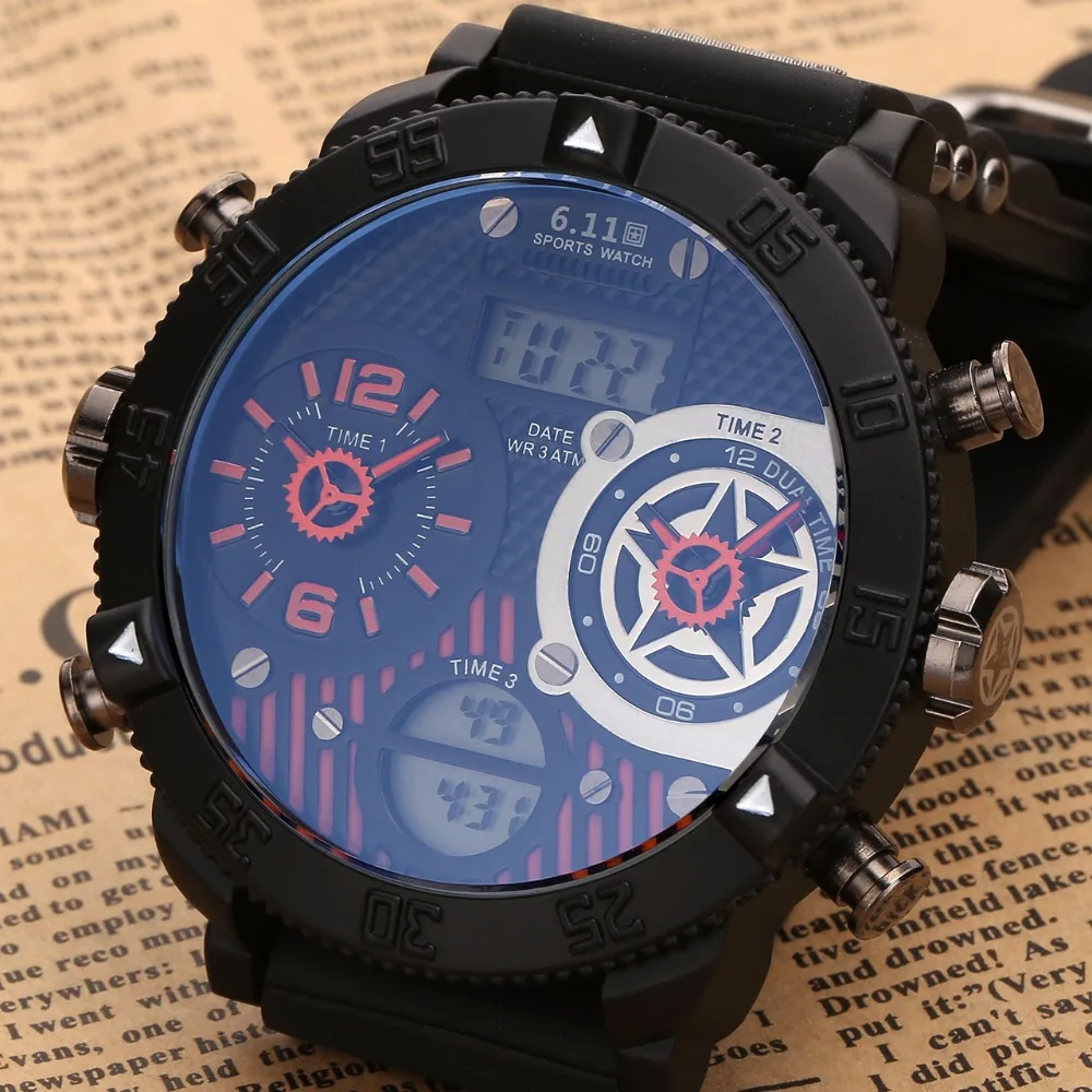 

6.11 Mens Luxury Brand New Fashion Multi-functional Three Display Time Waterproof Digital Watch LED Watch Men Sport Wrist Watch