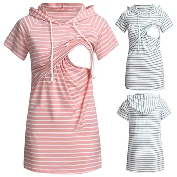 

vetement femme 2019 Women Pregnant maternity tops and blouses Short Sleeve Striped Hoodie Nursing Breastfeeding Pullover Tops