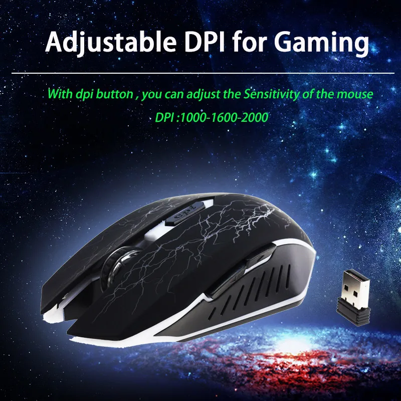 Rechargeable Breathing LED Wireless Gaming Mouse USB 2.4Ghz 2000 DPI Gamer Optical 10m Muoses for PC Desktop Laptop Computer