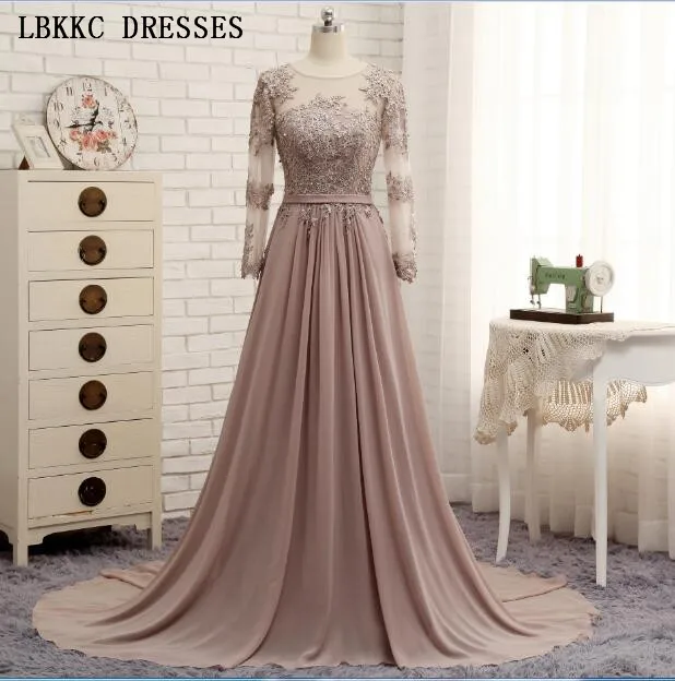 

Long Sleeves Beaded Evening Dresses Party Elegant Gowns Champagne Chiffon A Line Vestidos De Festa Vestido Longo Robe De Soiree