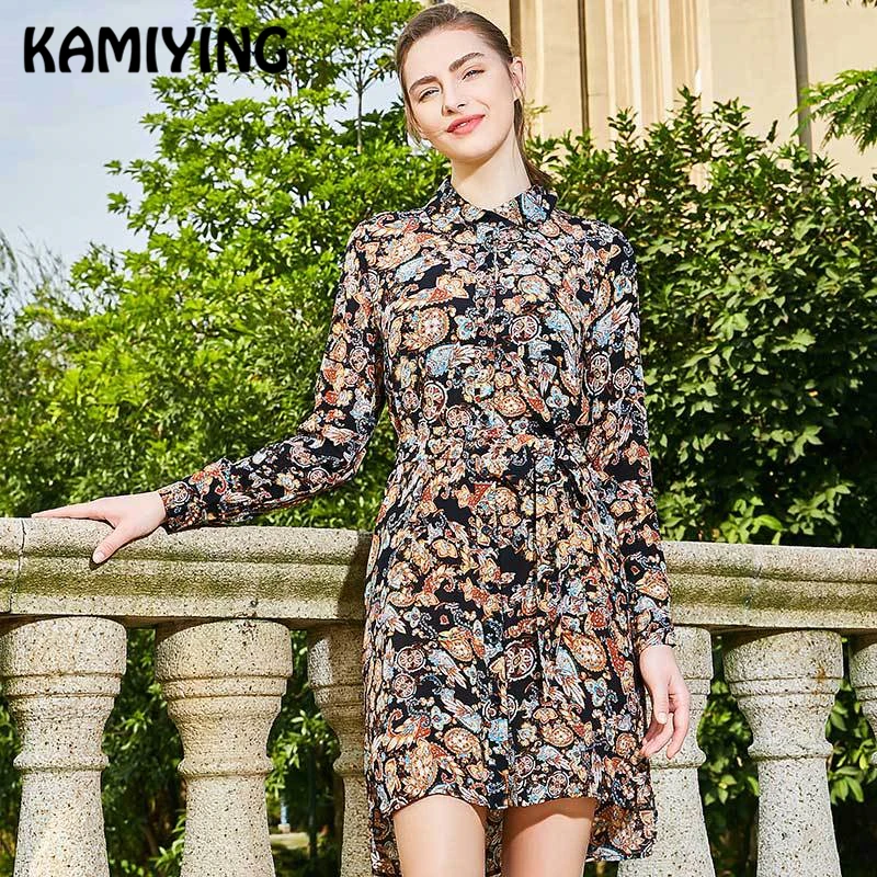 Женское шелковое платье KAMIYING элегантное рубашка с длинным рукавом и завязками на