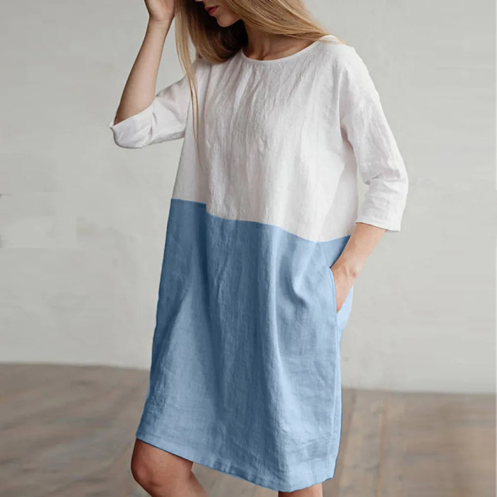 

Women Casual Patchwork 1/2 Sleeved Cotton Linen Loose Pockets Tunic Dress Loose Women Clothes Sexy Long Dresses Vestido saia#es