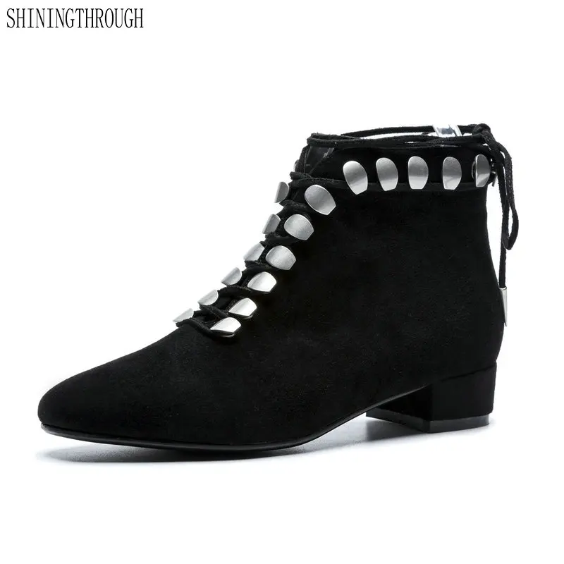 

Fashion Cow Leather lace up ankle Boots Ladies 4cm med Heels western Boots square toe spring autumn casual shoes woman