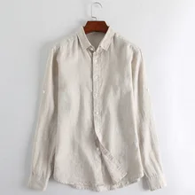 Мужские рубашки с длинными рукавами из натурального чистого льна, винтажная одежда, Однотонная рубашка с воротником-стойкой, мягкая приталенная пляжная рубашка