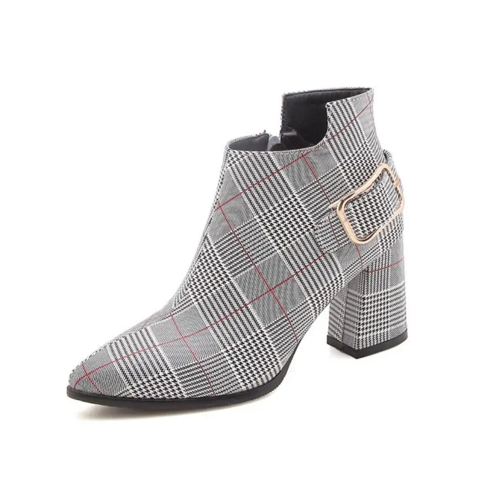 

2019 Large Size Women Boots Fashion Plaid Pointed Toe High Heels Women's Shoes Sexy Autumn Winter bota Ankle Boots talon female