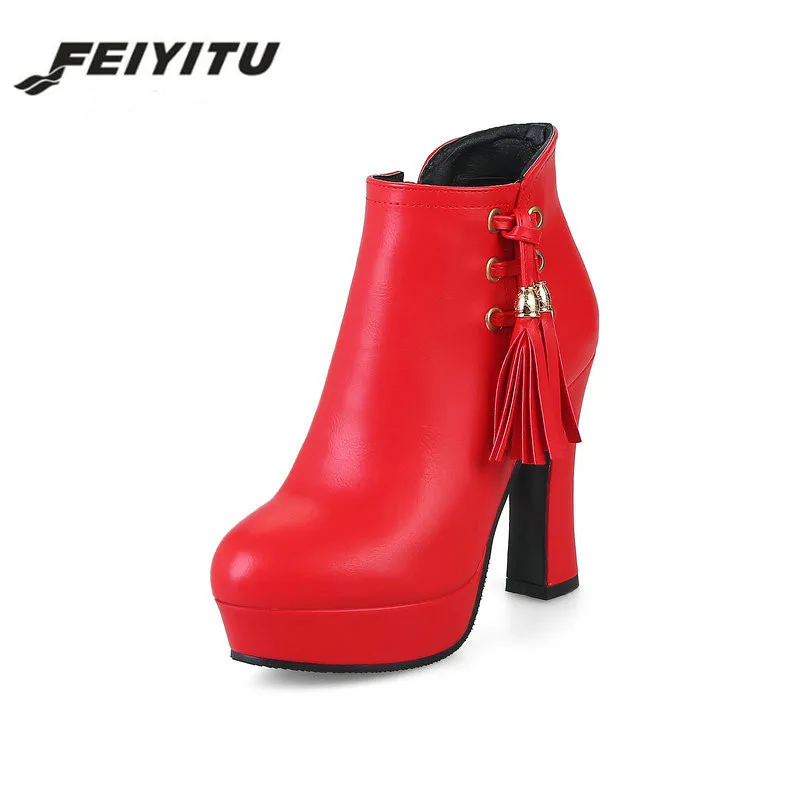 

feiyitu Platform Sqaure High Heel Woman Fringe Ankle Boots Fashion Side Zipper Dress Boots Woman Black Red White