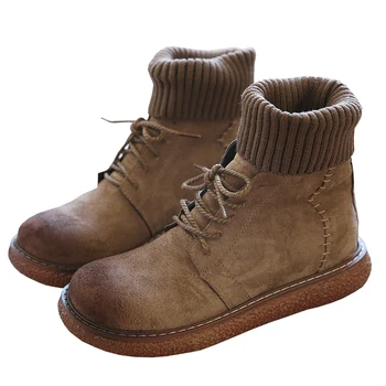 

Nice Female Literary Retro Suede thick-soled Big Head Shoes Women Shoes hand-made Comfortable Wool Mouth Booties Bare Boots