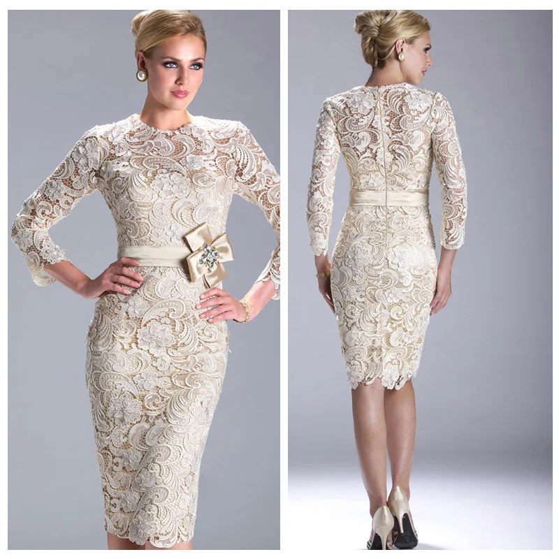 

N3396 Cheap Sexy New Ivory Long Sleeves Beaded Lace Custom Made Sash Mid-Carf Lace Evening Dresses Short 2013