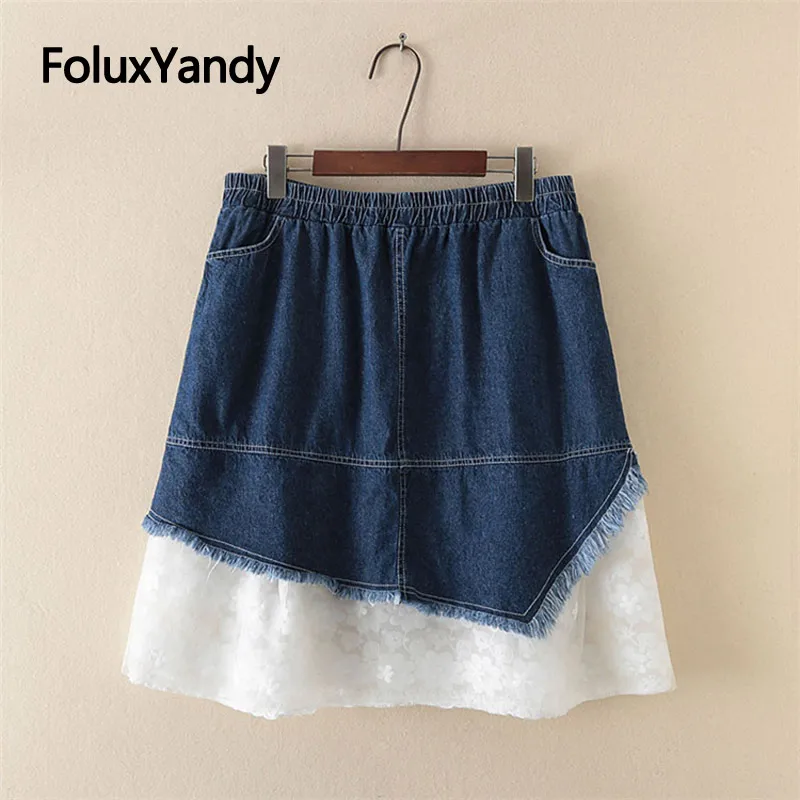 

Organza Skirts Tassel Casual Women Slim A-line Lace Mesh Patchwork Mini Denim Skirt Blue KKFY3588