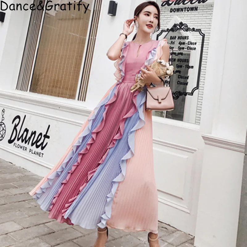 Новый 2019 Для женщин Coulorful Радуга оборками платье в стиле Boho Chic летняя Элегантная