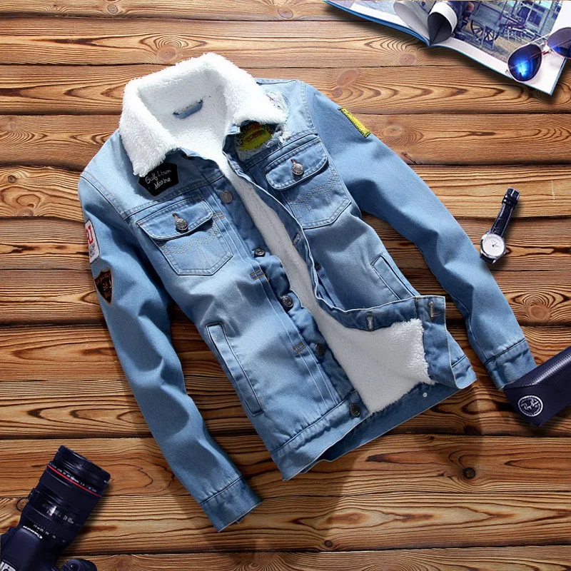 

Men's Denim Jacket with Fleece Coat Men Lamb Wool Cashmere Warm Thick Winter Jackets Men Plus Size 3XL
