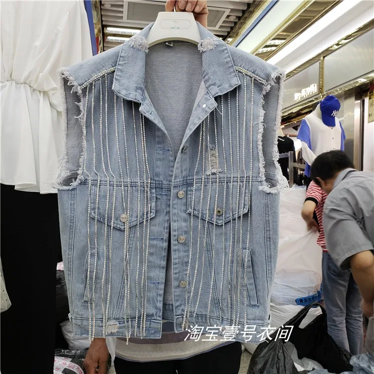 

Studded Denim Vest Jacket Woman 2019 Spring Summer New Luxury Heavy Water Drills Chain Sling Pendant Wash Cowgirl Vests Coats