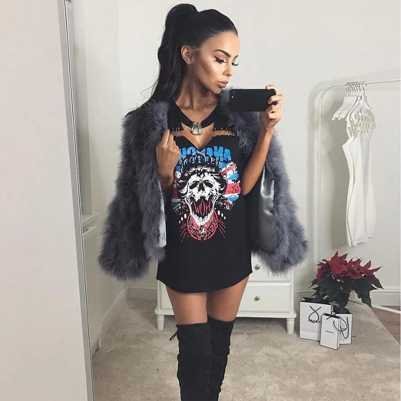 Women Sexy V-neck Punk Long T Shirt Tops 2017 New Style Skeleton Pin Street Rock T-shirt Casual Tshirt Tumblr