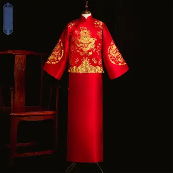 

High Quality Embroidery Dragon Men Chinese Cheongsam Hanfu Costume Classic Luxury Royal Vintage Tang Suit Long Toast Clothing