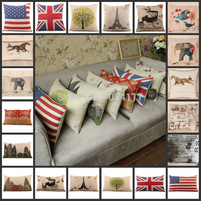 

Spring Vintage Cotton Linen Thick Printed Lumbar Cushion Home Decorative Pillow for Sofa Car 30x50 45 Flag Tower Tree PillowCase