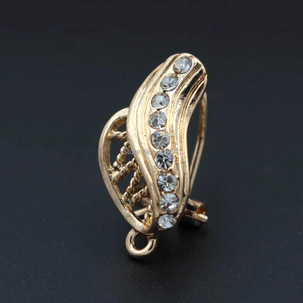 Clip Earring Post with Loop Hanger 10*20mm Hollow Leaf Paved Rhinestone