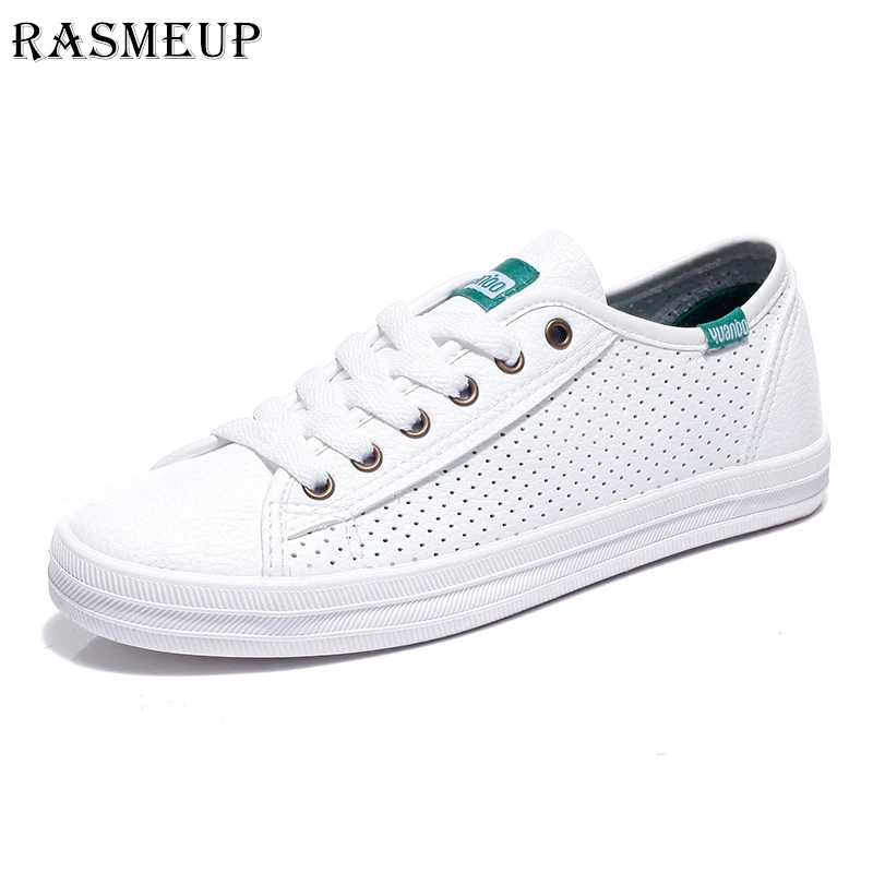 

RASMEUP Leather Women's White Sneakers With Holes 2018 Summer Brand Casual Women Vulcanized Shoes Breathable Fashion woman Flats