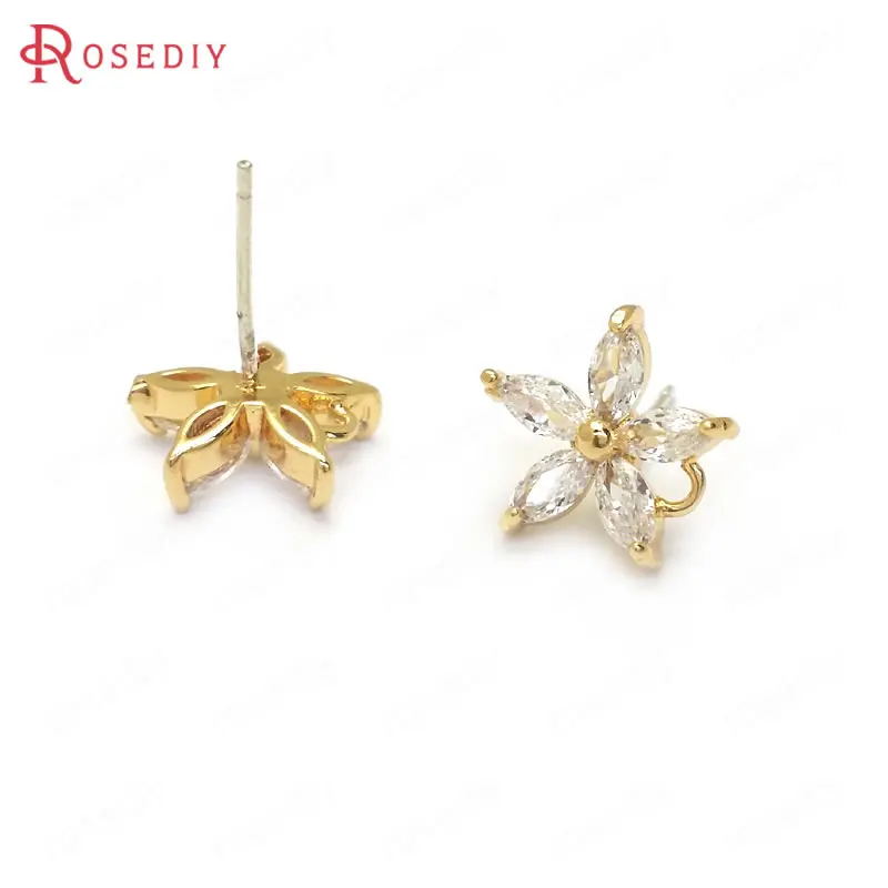 

(36070)4PCS 12x11MM 24K Gold Color Brass and Zircon Flower Stud Earrings High Quality Diy Jewelry Findings Accessories
