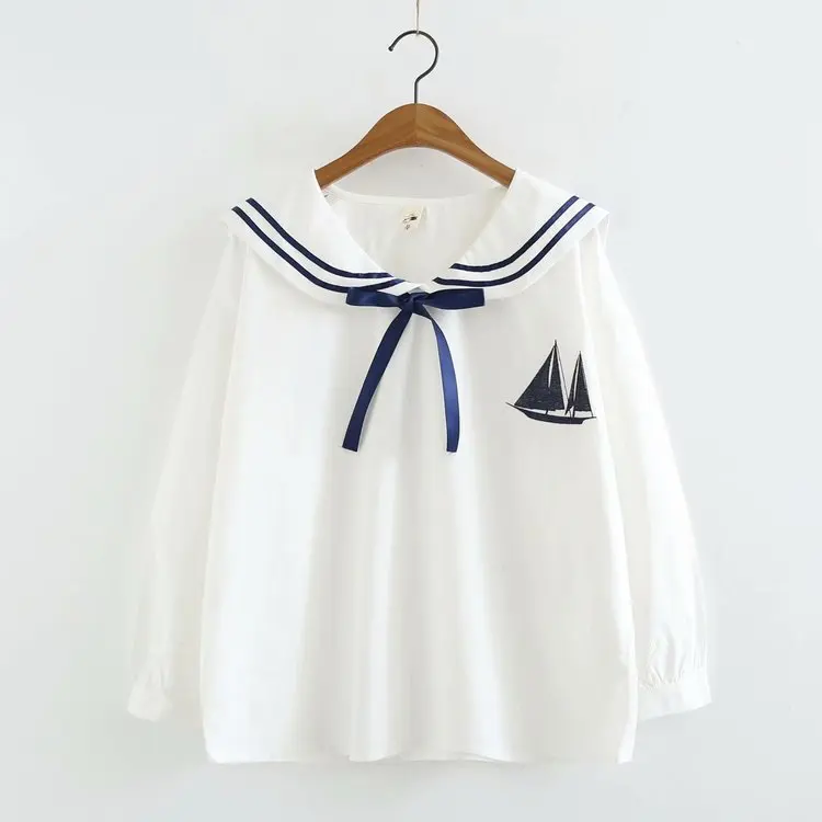 KYQIAO японская школьная форма mori девушки осень весна японский стиль kawaii матросский воротник темно-синий белый бант блузка рубашка