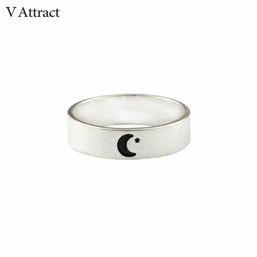 

V Attract Gothic Accessories Engagement Gift Silver Moon Rings For Women Men Couple Bijoux Femme Stainless Steel Round Anillos