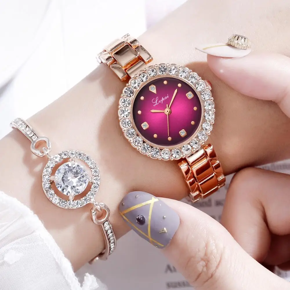 Luxury Diamond Green Watch Women Crystal Watches Bracelet Set Female Jewelry Fashion Rose Gold Starry Quartz Watch For Lady Gift