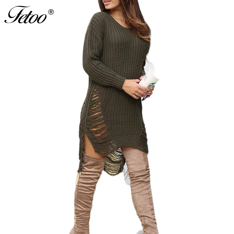 Kopen Fetoo 2017 Gat Geript Gebreide Trui Vrouwen Jurk O Hals lange Mouwen Warm Jurk Herfst Winter Jurken vestidos de festa