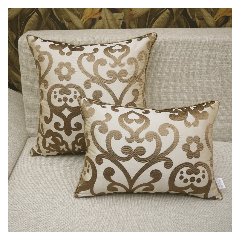 

Silk Floral Embroidered cushion cover for sofa home decor beige jacquard pillow covers decorative bed throw lumbar pillowcases