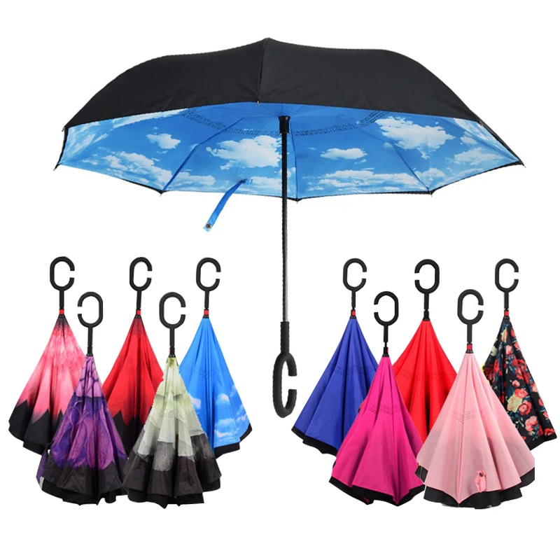 

Folding Reverse Umbrella Double Layer Inverted Windproof Rain Car Umbrellas C-Hook Shape Hands Parapluie Windproof Women