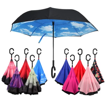 

Folding Reverse Umbrella Double Layer Inverted Windproof Rain Car Umbrellas C-Hook Shape Hands Parapluie Windproof Women