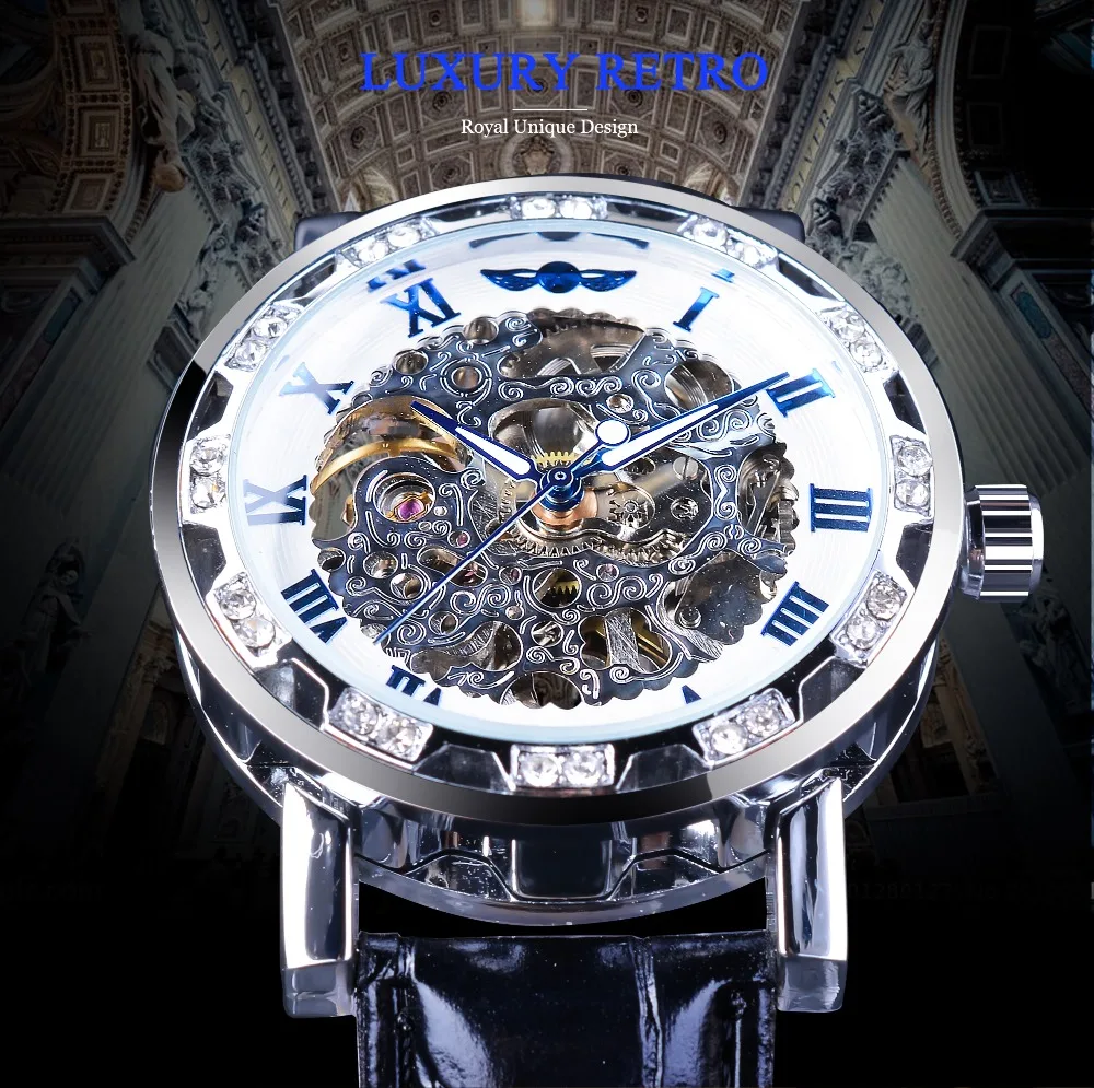 Победитель синий римские руки Алмазный дисплей прозрачный классический ретро дизайн светящиеся Руки Мужские механические часы лучший бренд класса люкс